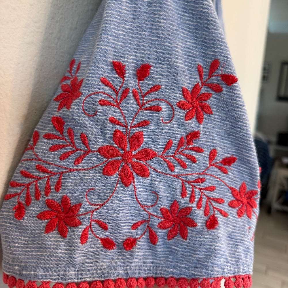 Talbots Embroidered Top Petite Large Blue Stripe Floral Pom Boho Americana - Picture 6 of 11